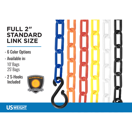 Us Weight Plastic Chain, 25 ft x 2In, Yellow U2325YEL